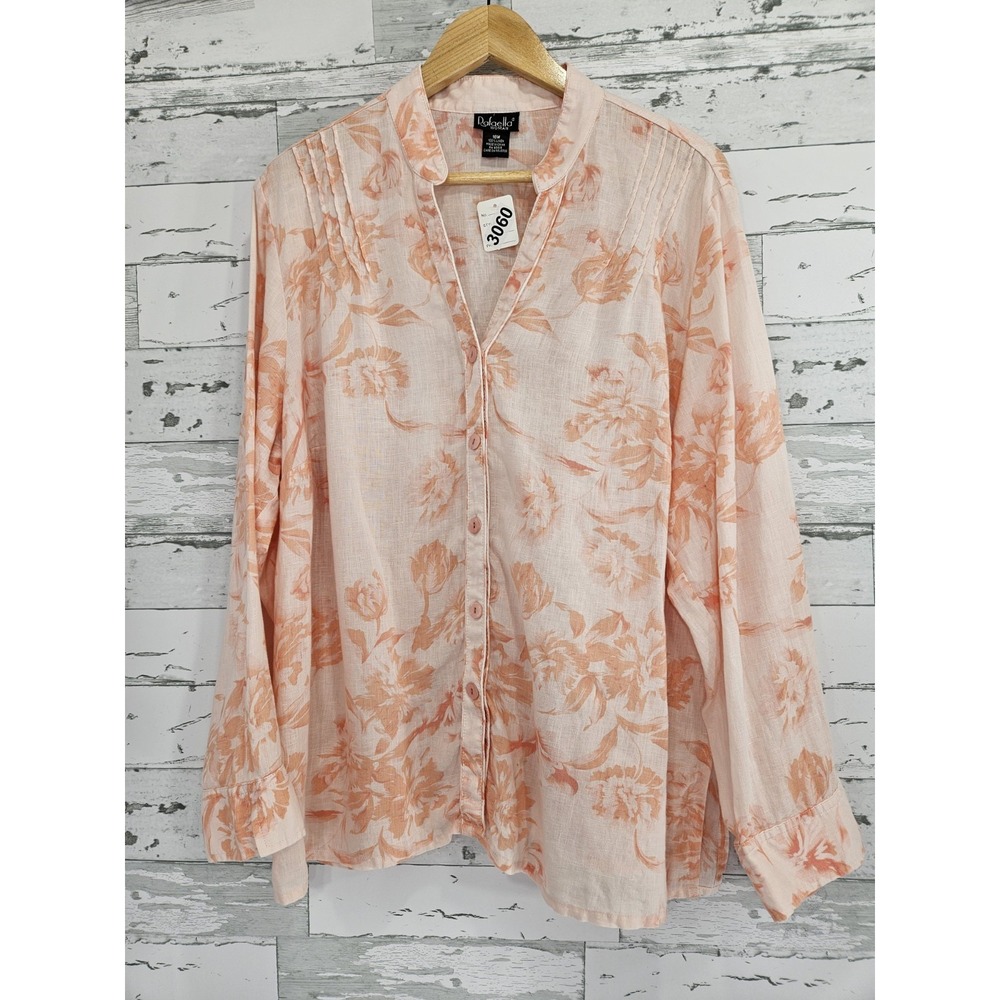 Rafaella Womens 18W Cottage Floral Print Linen Shirt Button Pink Peach